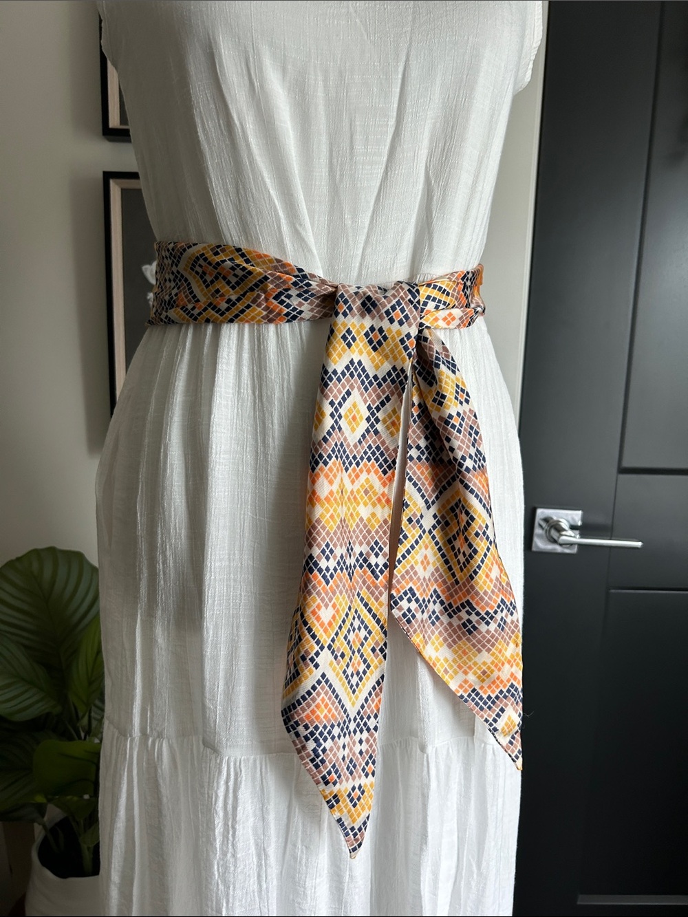 💙 Navy cream gold tan abstract  Patterned Waist hair Sash